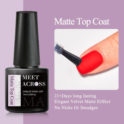 Black bottle of 'Meet Across' matte top coat with a nail being painted and text describing product features on a purple background.