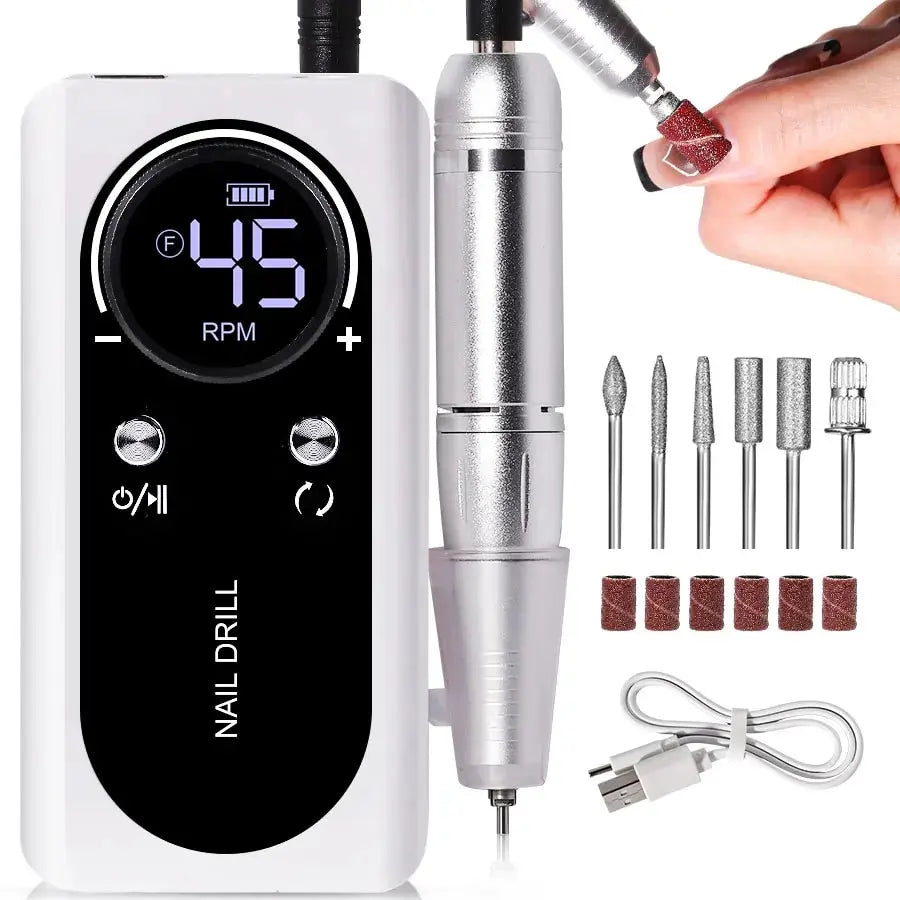 Nail drill with digital display, attachments, and cable on a white background