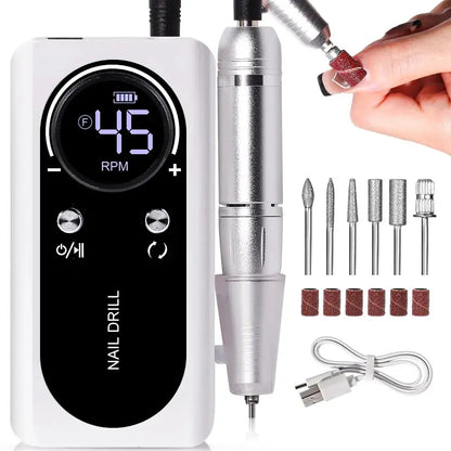 Nail drill with digital display, attachments, and cable on a white background