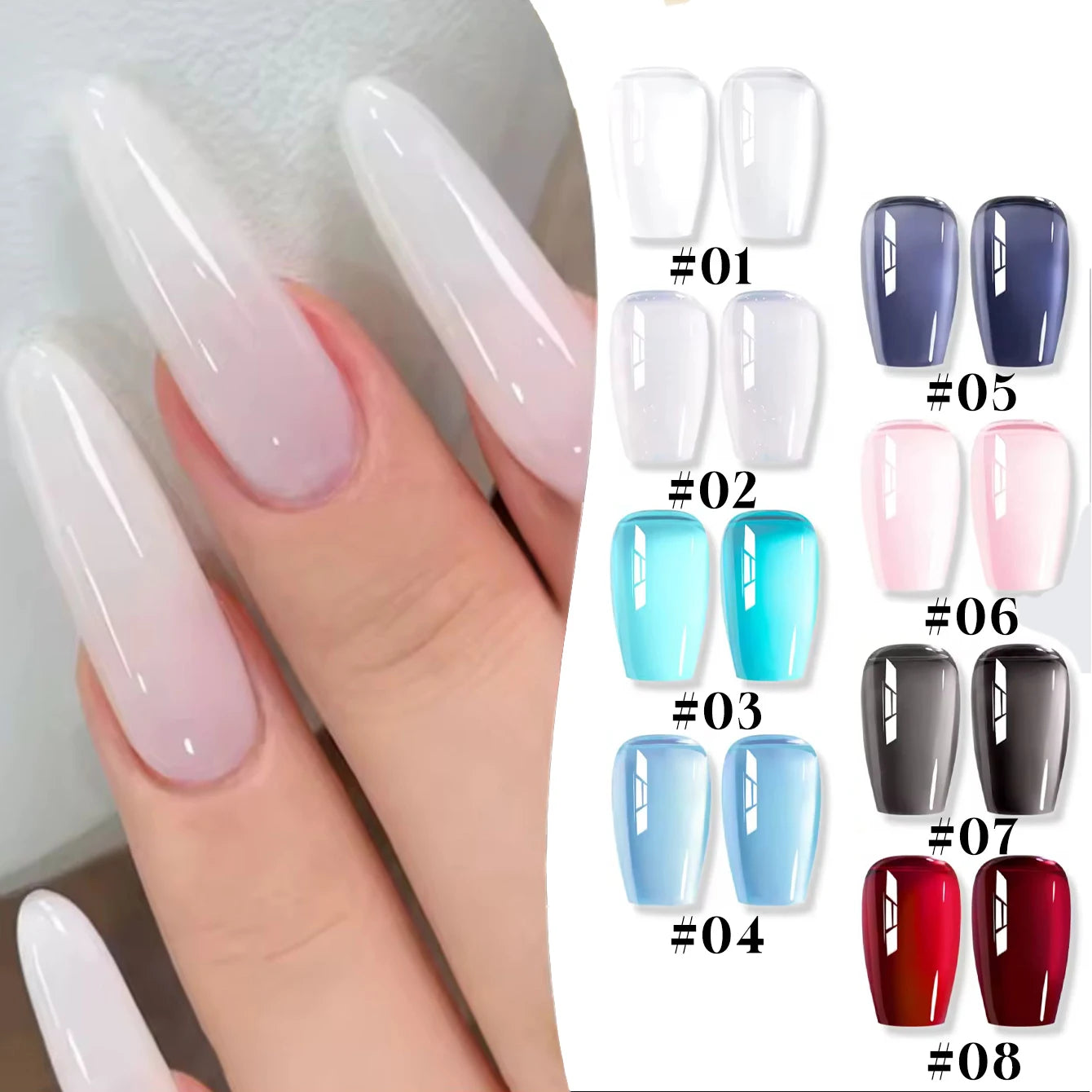 Nail polish samples with a hand displaying gradient nails on a white background