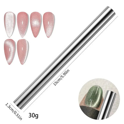 Metallic nail art pen with glittery nail samples on a white background