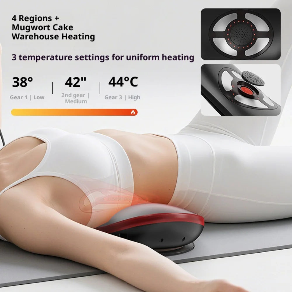 Person using a massage device with temperature control settings displayed.