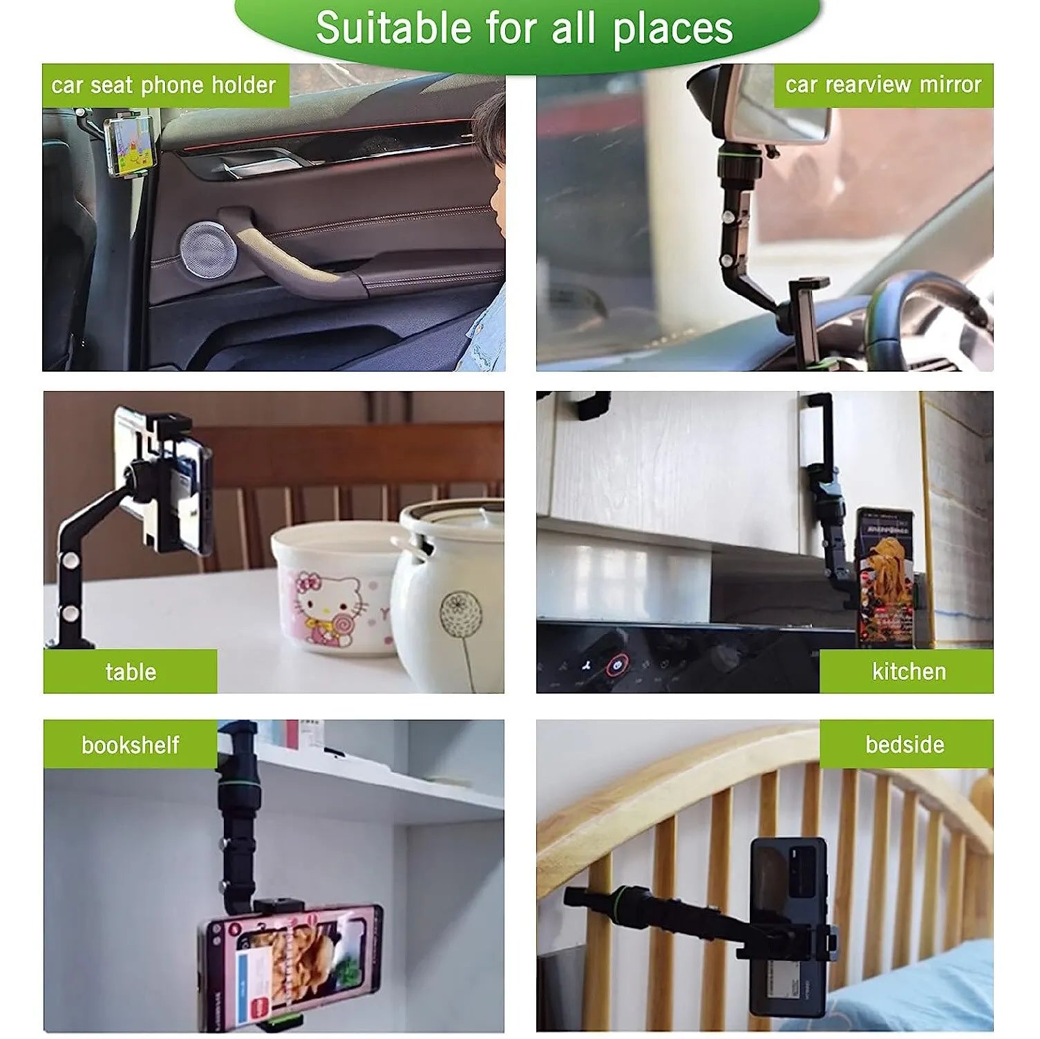 Multifunctional phone holder demonstrated in various settings including car interior, table, bookshelf, and kitchen.