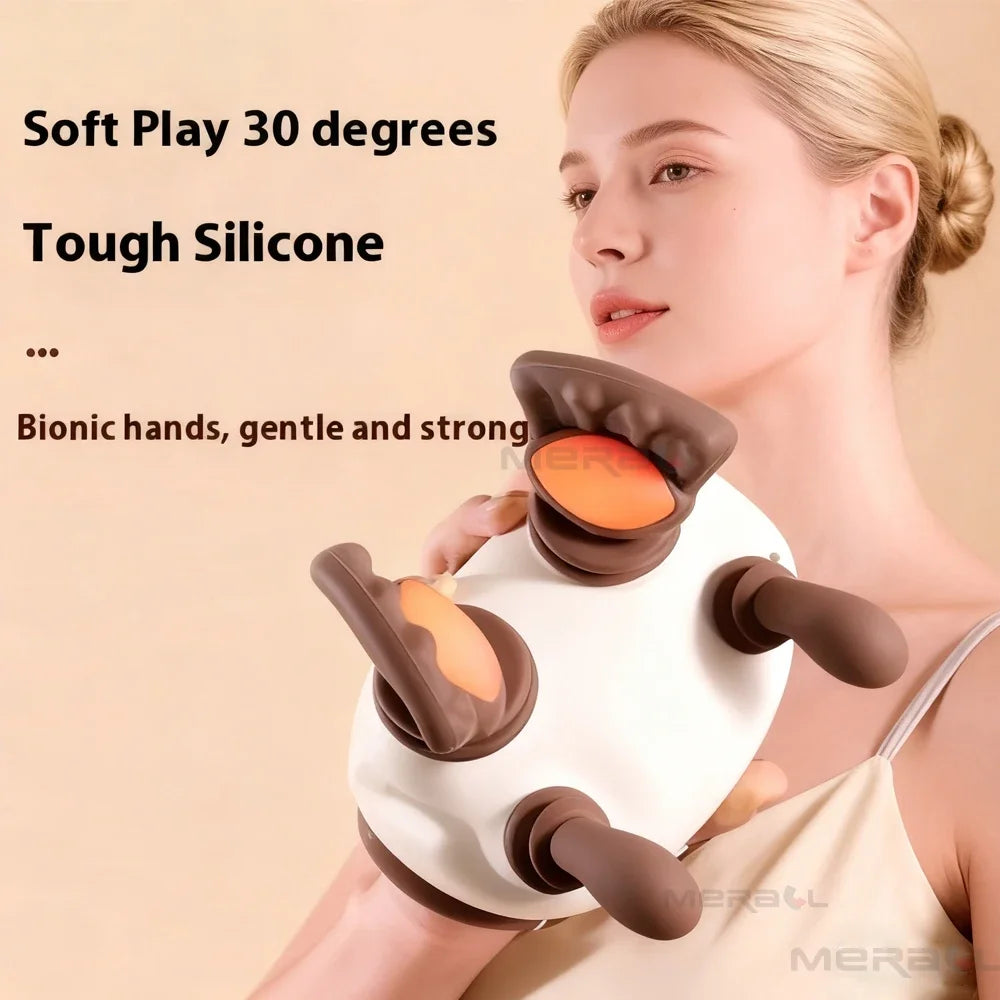 Woman holding a massage device with text about its features on a beige background