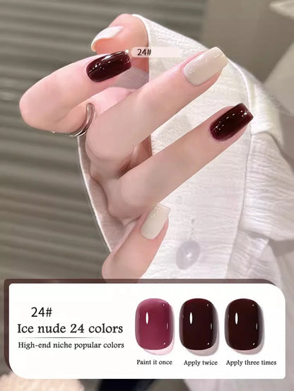 Nail polish color swatch with a hand wearing burgundy and beige nails.