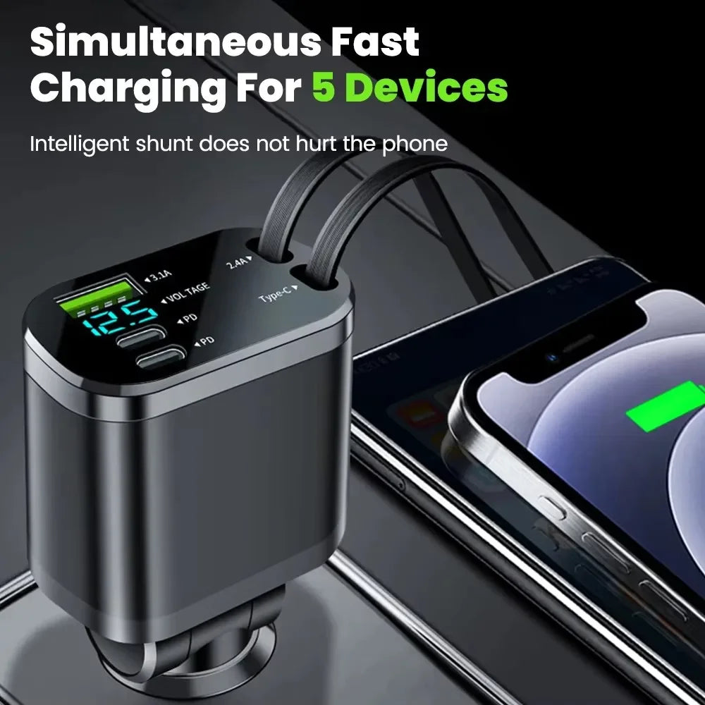 5-in-1 Car Charger Retractable Cables