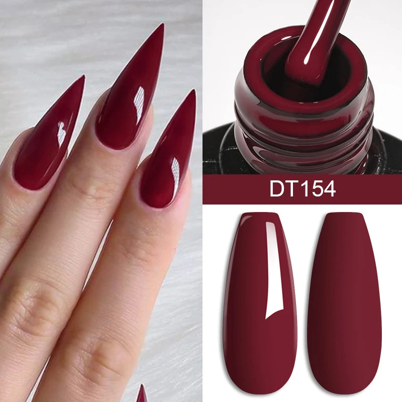 Maroon nail polish with nails and bottle cap, labeled DT154