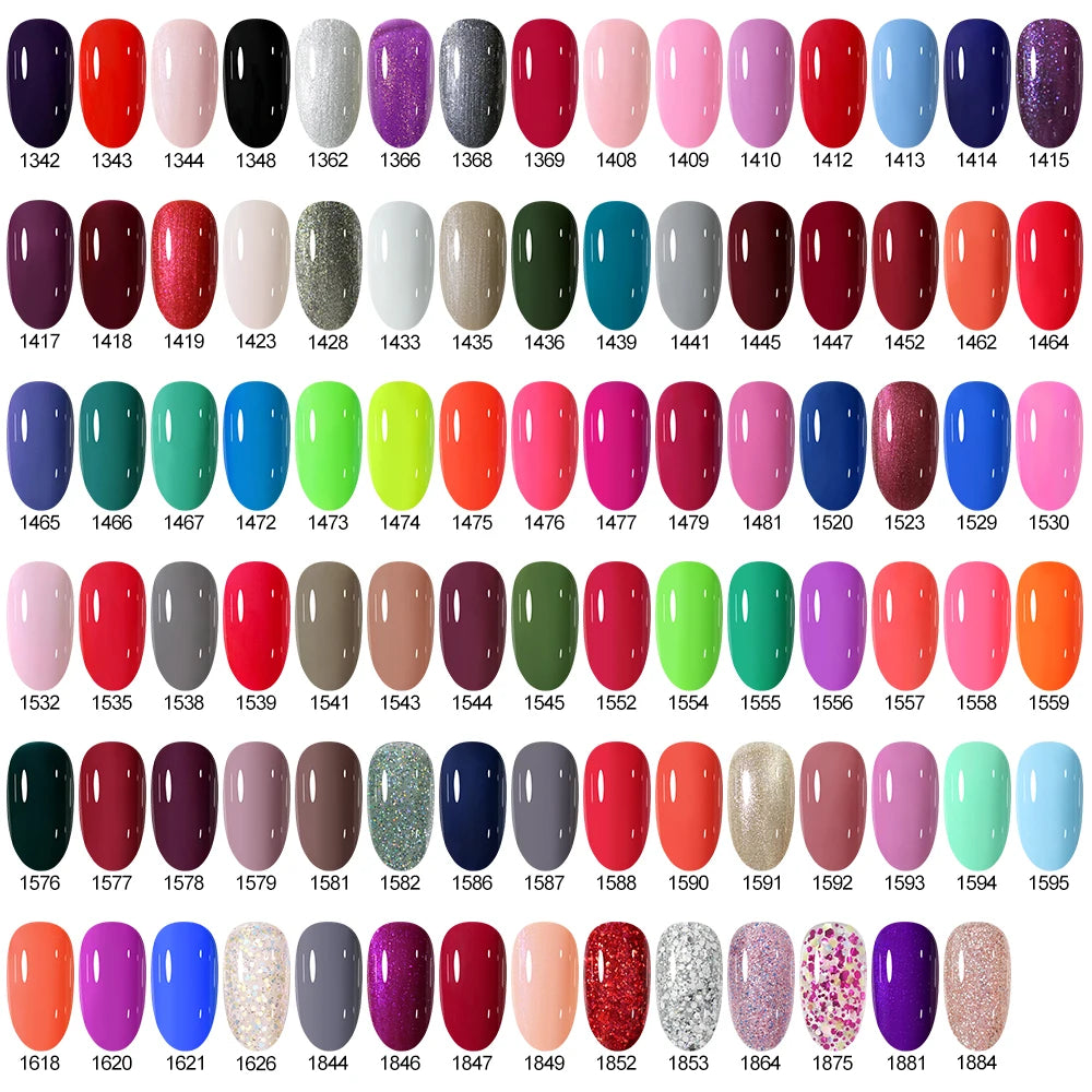 Nail polish color chart with various shades of red, pink, green, blue, and other colors.