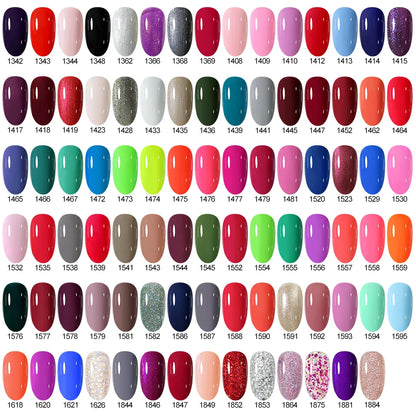 Nail polish color chart with various shades of red, pink, green, blue, and other colors.