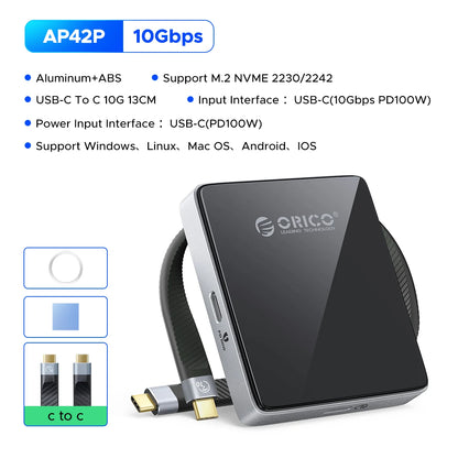 ORICO external hard drive enclosure with specifications on a white background