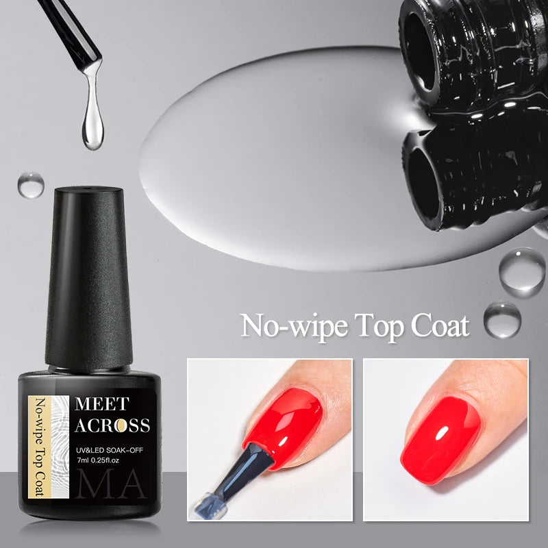 Black bottle of 'Meet Across' no-wipe top coat with application process and results on nails.