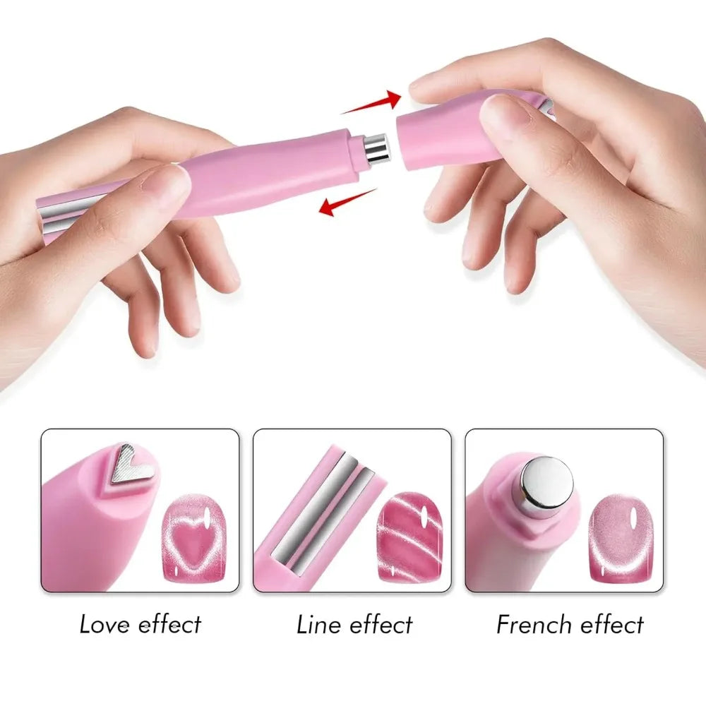 Pink nail art pen with close-up illustrations of nail effects on a white background