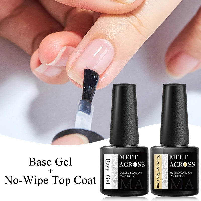 Person applying nail polish with a brush, two black bottles labeled 'MEET ACROSS' in the foreground.