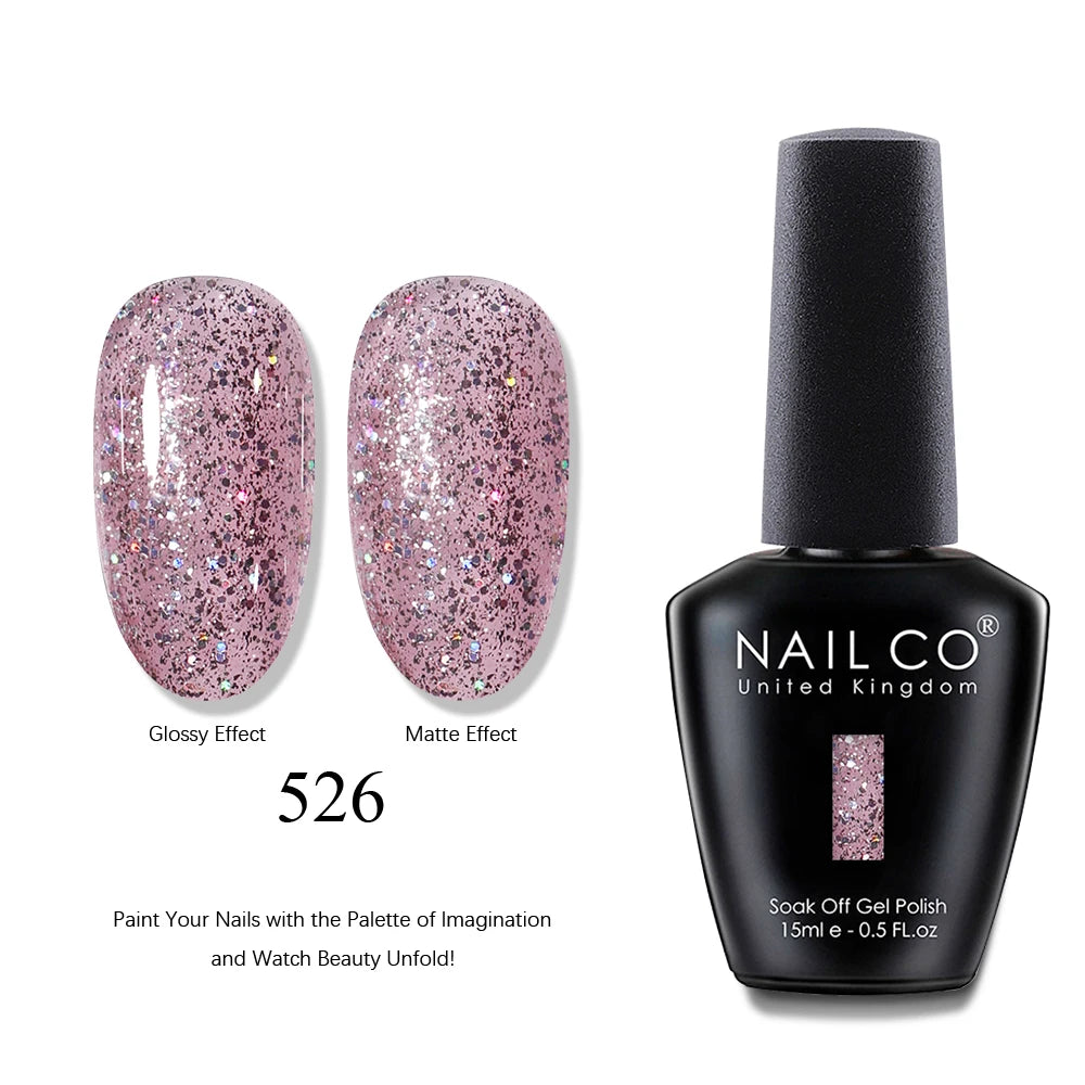 Nail polish bottle with pink glittery nails showing glossy and matte effects, and 'NAIL CO' branding.