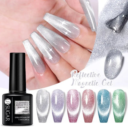 Nail gel polish with reflective magnetic gel effect on nails, brand 'SUGAR' visible.