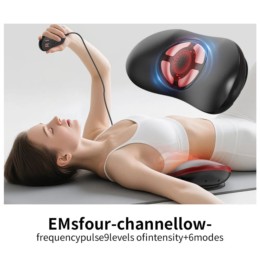 Woman receiving an electric muscle stimulator massage on a white background with product details.