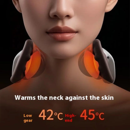 Neck warmer with glowing orange discs, showing temperature range on a dark background