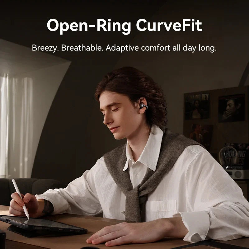 Person wearing an earbud with 'Open-Ring CurveFit' text and product features.