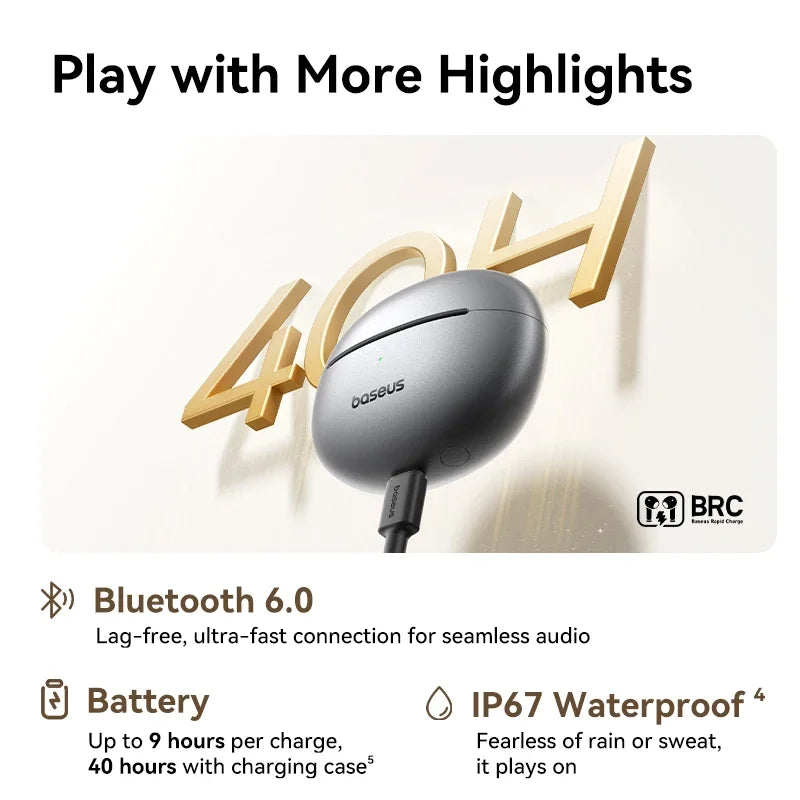 Oboz wireless earbuds with charging case on a light background, featuring Bluetooth 6.0, battery life, and waterproof rating.