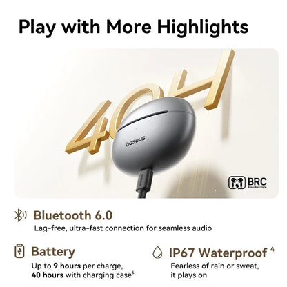 Oboz wireless earbuds with charging case on a light background, featuring Bluetooth 6.0, battery life, and waterproof rating.