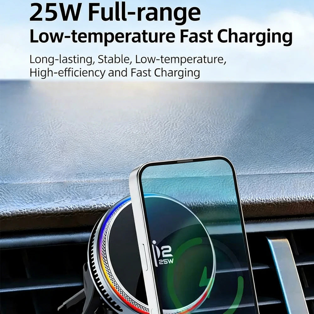 Wireless phone charger in a car dashboard with text about charging capabilities.