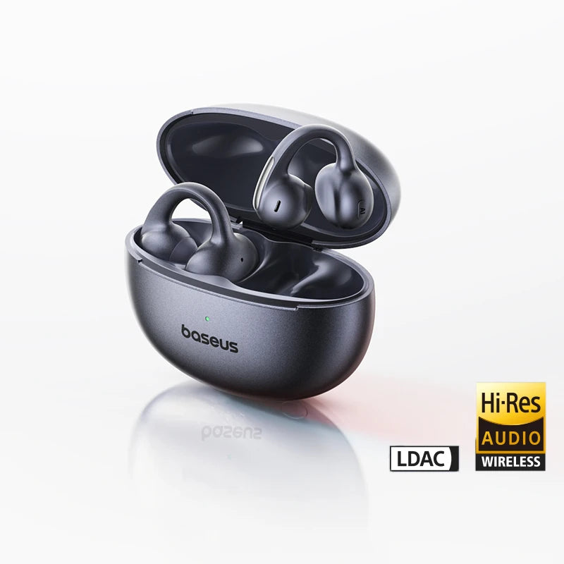 Black wireless earbuds with charging case on a white background, featuring the Baseus brand.