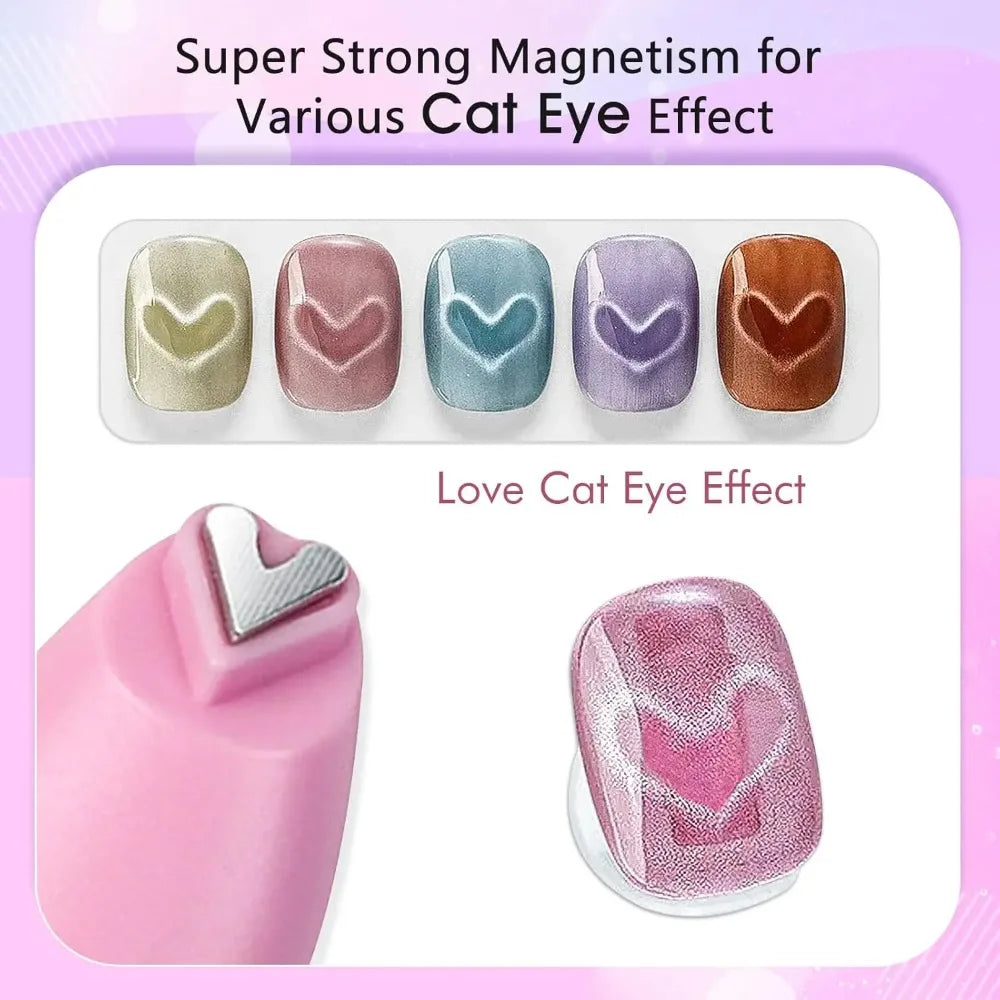 Nail art kit with heart designs and magnetic strip for cat eye effect on a pink background.