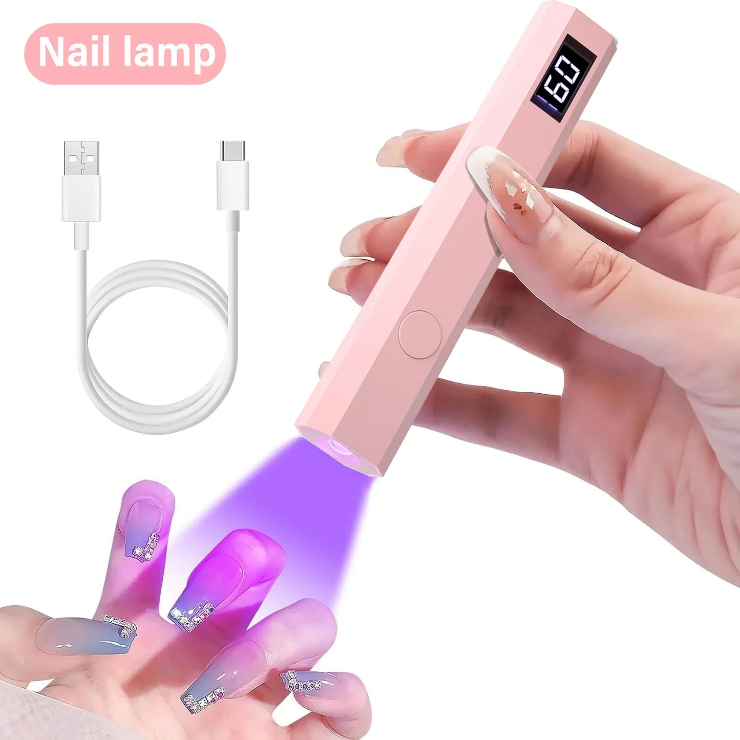 Pink nail lamp with digital display held by a hand, showing nails being illuminated.