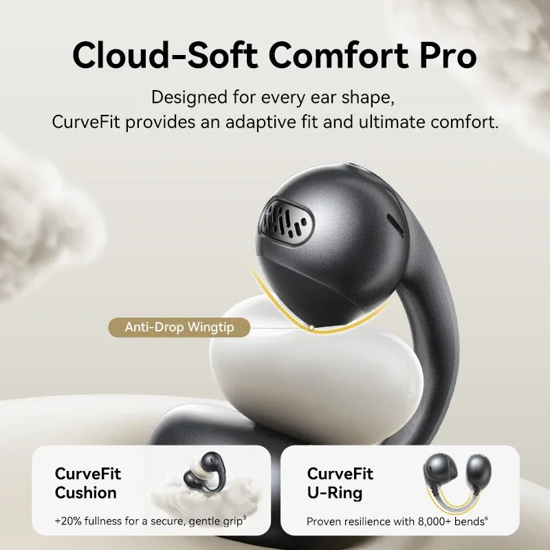 Black wireless earbuds with text highlighting features on a light background