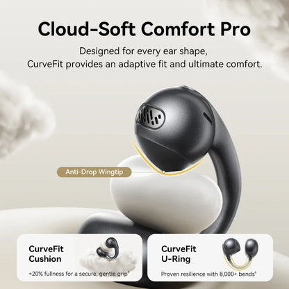 Black wireless earbuds with text highlighting features on a light background