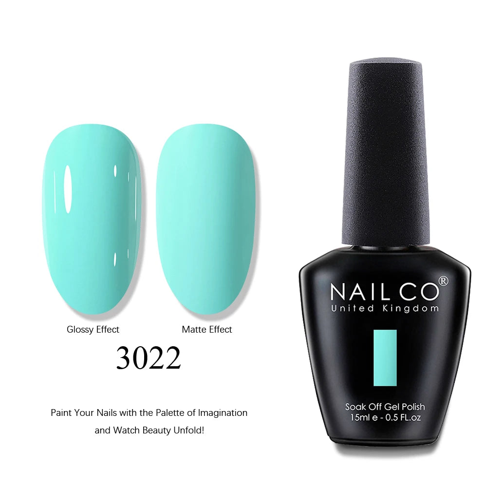 Nail polish bottle with teal nail samples showing glossy and matte effects, and 'NAIL CO' branding.