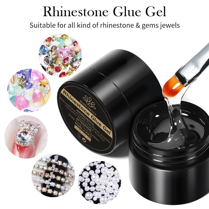 Black container of rhinestone glue gel with applicator, surrounded by images of decorated nails.