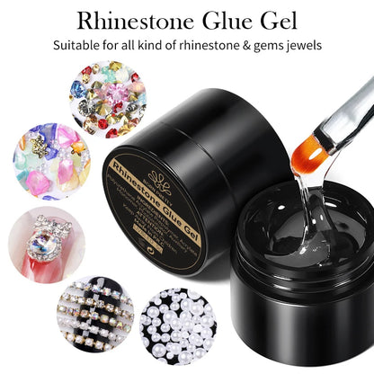 Black container of rhinestone glue gel with applicator, surrounded by images of decorated nails.