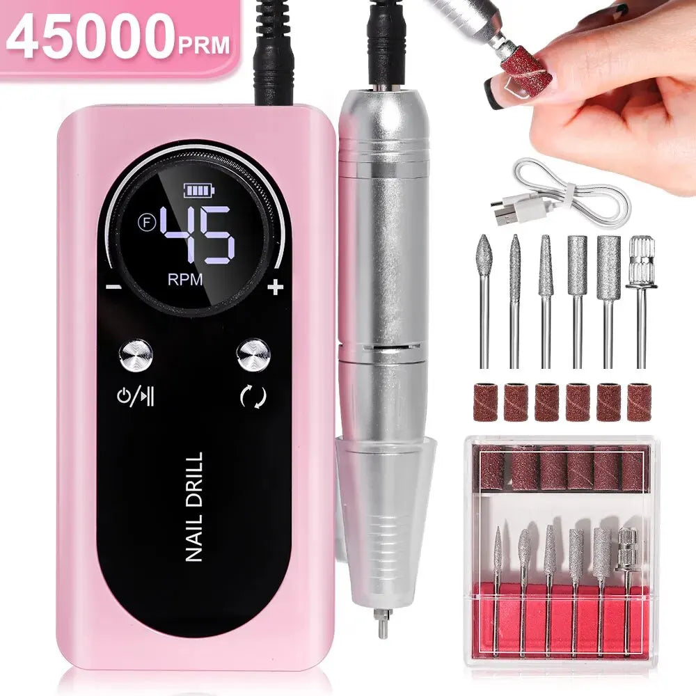 Pink nail drill with digital display and additional attachments on a white background