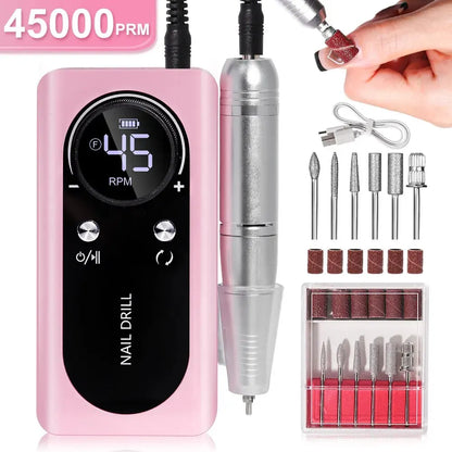 Pink nail drill with digital display and additional attachments on a white background