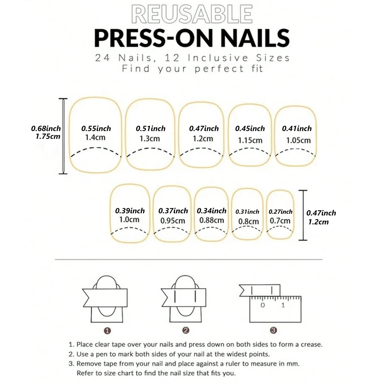 Chart showing dimensions of reusable press-on nails with measurements in inches and millimeters.