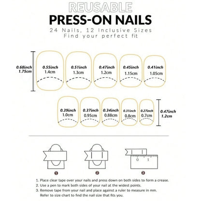 Chart showing dimensions of reusable press-on nails with measurements in inches and millimeters.