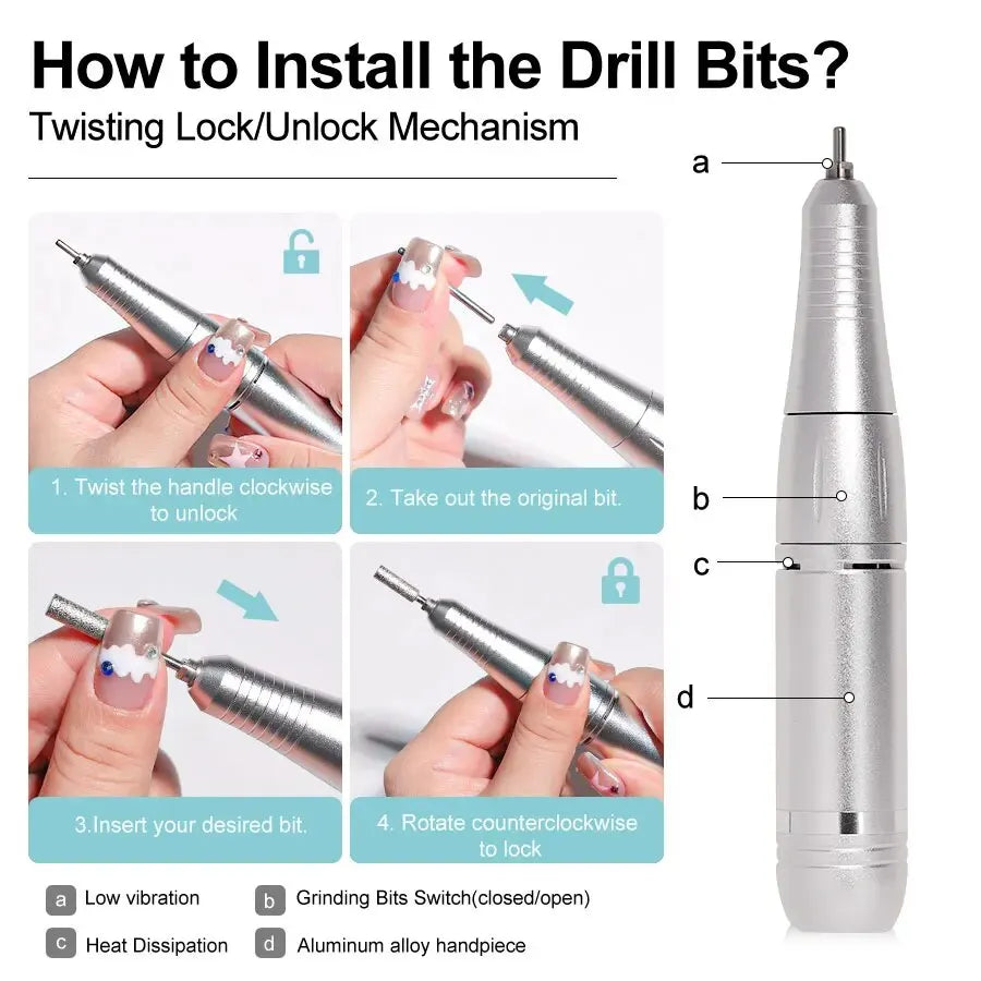 Instructions on how to install drill bits with a close-up of a dental drill and labeled parts.