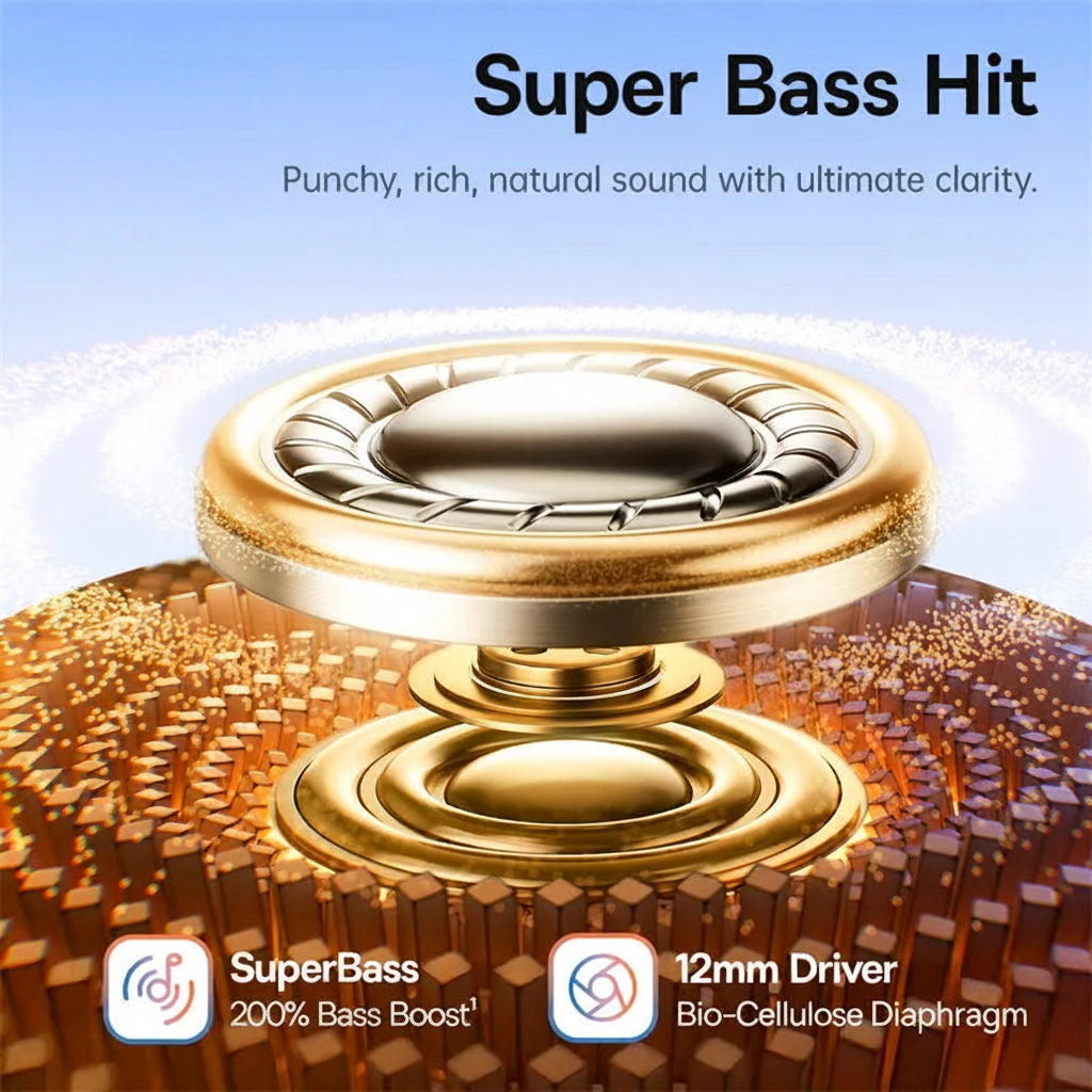 Baseus Super Bass Hit speaker driver with branding and product features on a blue background