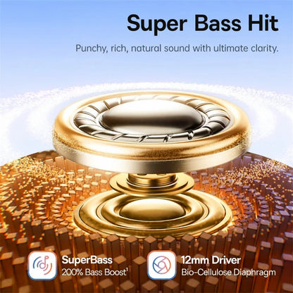 Baseus Super Bass Hit speaker driver with branding and product features on a blue background