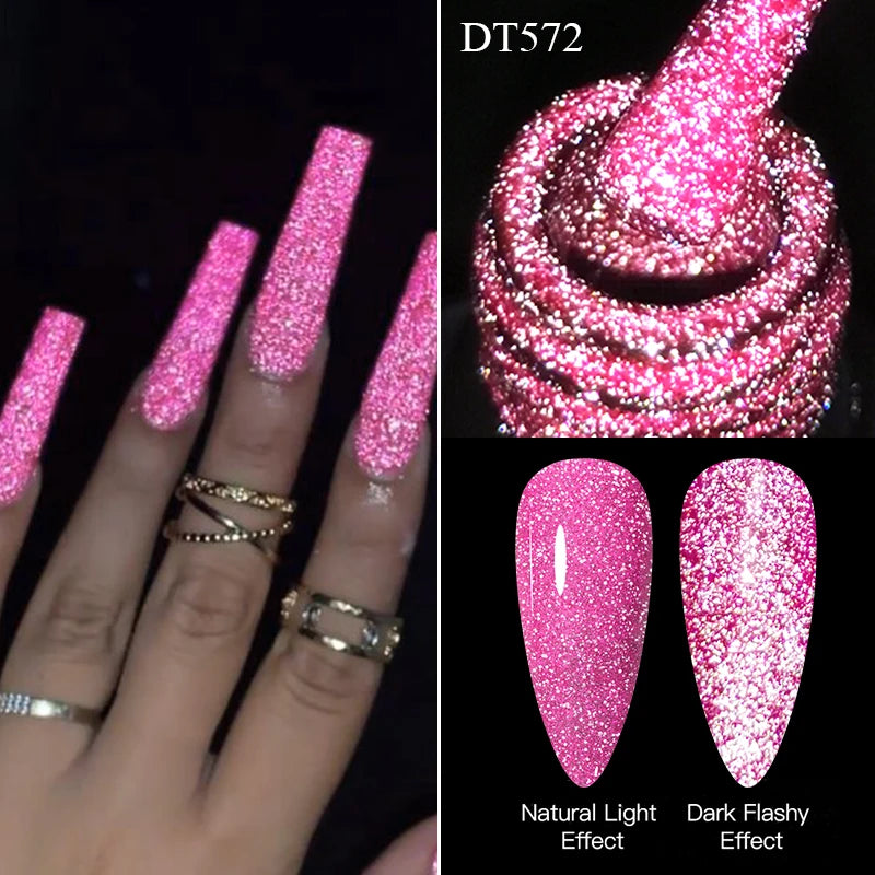 Pink glittery nails with a close-up of glitter and two nail samples labeled 'Natural Light' and 'Dark Flashy Effect'.