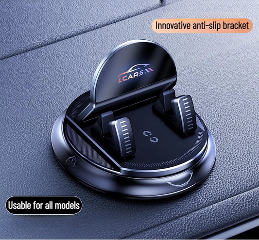 Car phone holder with anti-slip bracket on a car dashboard.