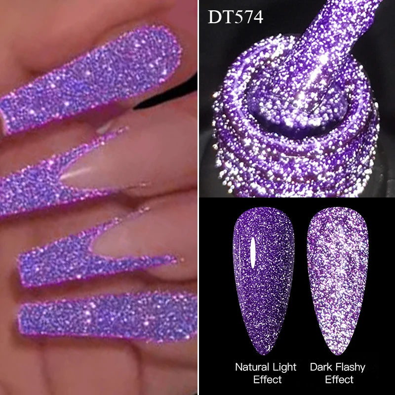 Purple glittery nail polish with different lighting effects on a black background