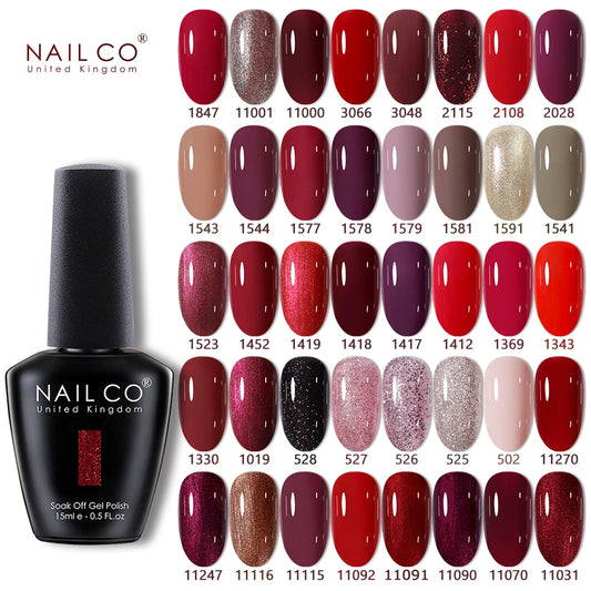 Nail Co gel polish color chart with a bottle of nail polish on a white background