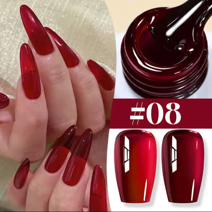 Red nail polish with a close-up of the polish and nail samples.