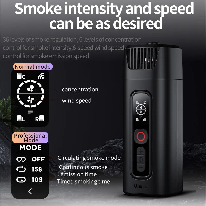 Black electronic device with control panel and text about smoke intensity and speed regulation on a dark background.