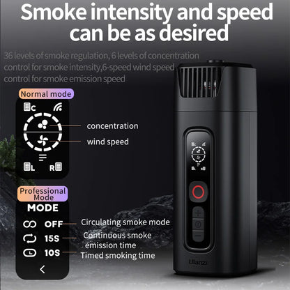 Black electronic device with control panel and text about smoke intensity and speed regulation on a dark background.