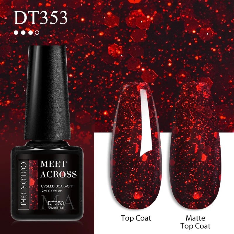 Nail gel polish bottle with red glitter finish on a dark red background