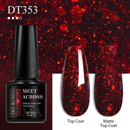 Nail gel polish bottle with red glitter finish on a dark red background