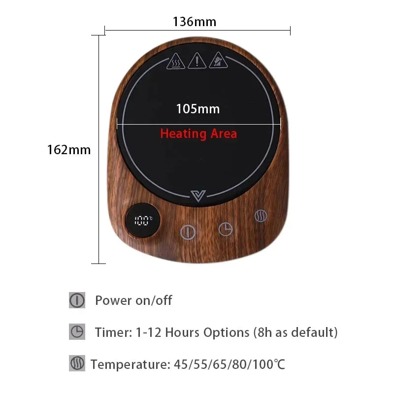 200W Walnut Wood Mug Warmer 5 Temperatures Timer